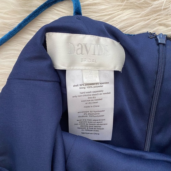 David’s Bridal Dark Blue Shimmer Velvet Faux Wrap Sleeveless Bridesmaid Gown - Picture 12 of 14